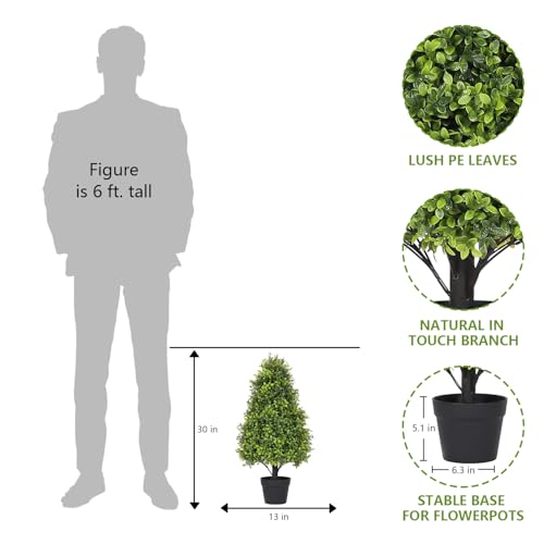 30" Artificial Boxwood Faux Plants Outdoor, UV Resistant Topiary Trees Realistic Cone-Shaped Fake Bushes and Shrubs Potted Fakeplants Set of 2 for Front Porch Patio Outside Planter Decor - color: Boxwood Light Green, size: 30in