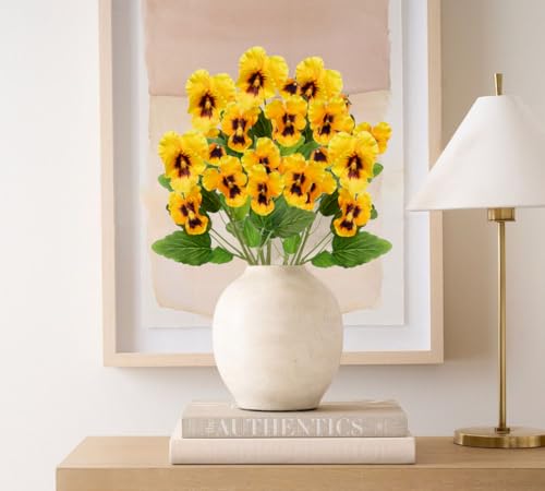 Yellow Artificial Flowers 3 Pack Pansy Flowers Artificial Silk Flowers 18" Realistic Fake Flowers for Decoration Spring Faux Flowers for Vase Home Indoor Wedding Flower Bouquet Table Centerpiece Decor - color: Yellow