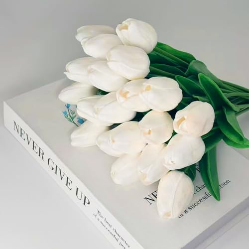 20 Pcs Tulips Artificial Flowers, 13.5'' Real Touch PU Fake Flowers Bouquet for Home Party, Spring Wedding Floral Arrangement, Valentine's, Easter and Mother's Day Decor (Cream) - color: Cream