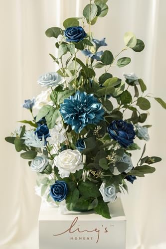 Ling's moment 36" Tall Free Standing Artificial Flowers Arrangements 2 pcs Wedding Arch Altar Stage Decorations Dusty Blue Navy for Ceremony Reception Silk Rose Fake Floral Party Outdoor Beach Decor - color: Blu-dusty Blue & Navy