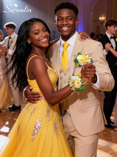 Serwalin 2 Pcs Wrist Corsage and Boutonniere Set, 6-7 Inch Yellow Corsage for Wedding, Boutonniere for Men Corsage Wristlet Prom Ceremony Anniversary Accessories Suit - color: Yellow, size: 1 Boutonniere & 1 Wrist Corsage-2pcs