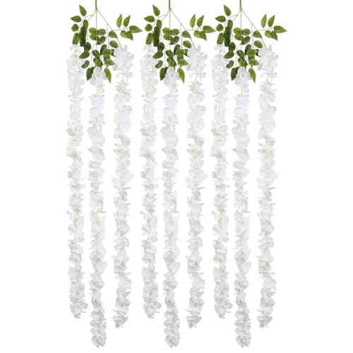 IPOPU White Wisteria Hanging Flowers Garland 6.4FT Wisteria Garland Hanging Flowers for Decoration for Wedding Arch, Backdrop, Garden Party Decor, 3 PCS (White) - color: White