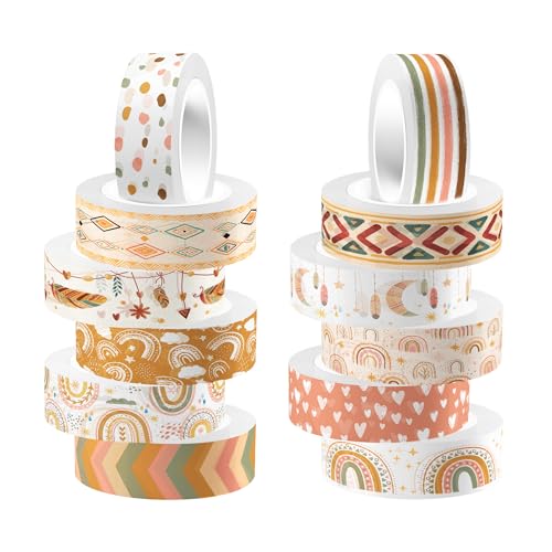 12 Rolls Boho Washi Tape Set, Vintage Watercolor Floral Rainbow Decorative Masking Tapes for Spring Arts DIY Craft Scrapbook Journal Planners Supplies Gift Wrapping 16.4Ft - color: A