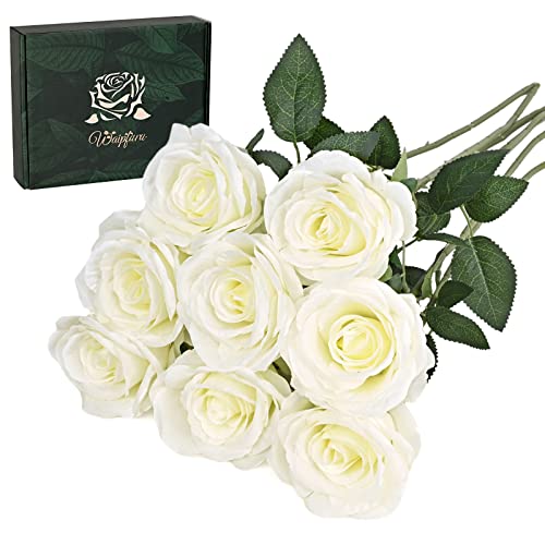 Waipfaru 8 Pcs Fake White Roses Artificial Flowers Bulk, Real Touch Silk Faux Roses with Long Stems for Wedding Bouquet Vase Flower Arrangement Table Centerpieces Home Decor (White) - color: A-white, size: 8 Pcs