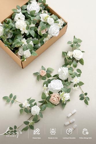 Ling's moment 6Pack 1.8ft Artificial Flower Garlands White Rose Lantern Flower Arch Floral Centerpieces Wedding Aisle Chair Flowers for Signs Table Window Cake Decoration（not Including Lanterns） - color: Wht-white & Sage