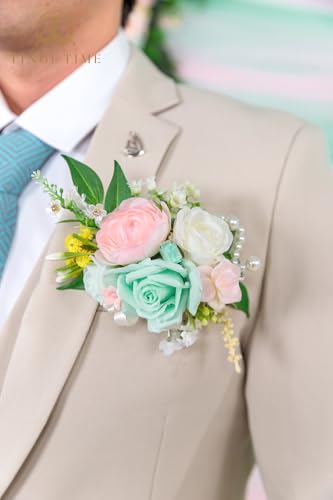 TINGE TIME Luxury Groom Boutonniere for Wedding, 1 PCS Pocket Boutonniere for Men, Artificial Corsage for Wedding, Prom, Homecoming, Anniversary, Graduation, Christmas Dinner (MintGreen&Pink) - color: Mint Green & Pink