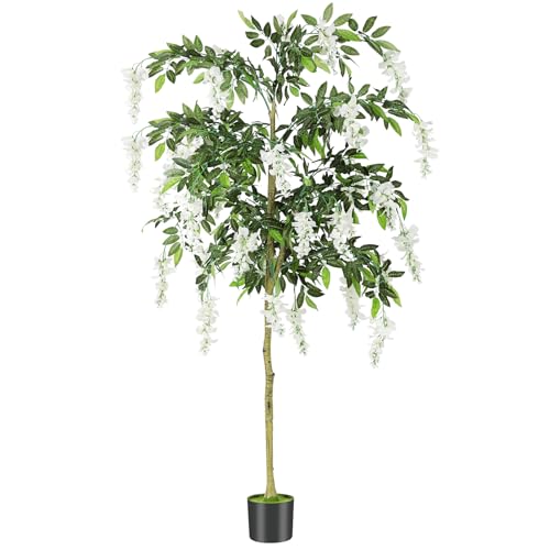 6FT Ficus Tree Artificial Indoor Tall Faux Wisteria Tree in Nursery Pot Fake Potted Tree with Blooming White Flowers and Real Wood Trunk for Home Office Living Room Decor