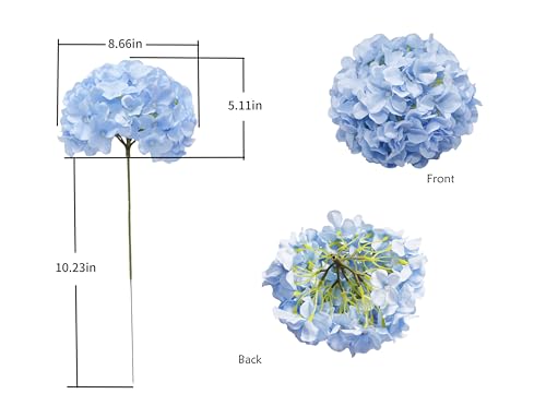 DuHouse Artificial Hydrangea Silk Flower Heads with Stem Fake Blue Hydrangea Bigger Flowers for Wedding Home Garden Centerpiece Pack of 6 - color: Blue