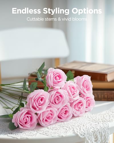 InnoGear 50 Pcs Pink Roses Artificial Flowers, Fake Velvet Silk Rose Bulk Faux Flower for Decoration DIY Wedding Centerpieces Proposal Bridal Bouquets Shower Party Home Floral Decor (50, Pink) - color: Pink