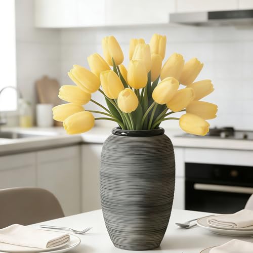 ALMA 12'' Tall Wide Mouth Flower Vase, Black Large Ceramic Vase for Table Centerpieces, Grey Boho Vase for Living Room, Farmhouse, Entryway, Mantel, Bookshelf, Home Decor - color: Wide Mouth-black-12"