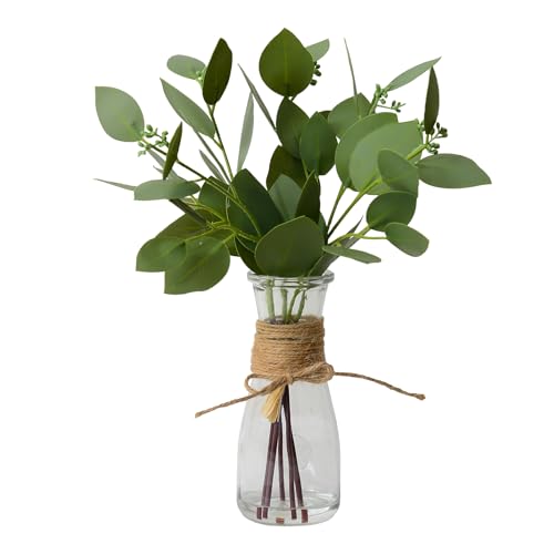 Artificial Eucalyptus Stems in Glass Vase with Faux Water for Table Centerpieces, Fake Eucalyptus Stems and Leaves Greenery in Vase for Home Office Decor