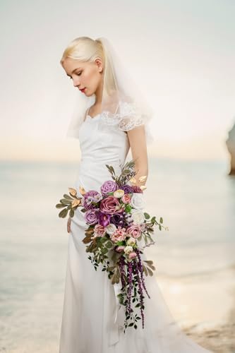 Lisuun Wedding Bouquets for Bride, 16 Inches Wedding Flower Bouquet, Silk Round Bridal Bouquet for Wedding, Ceremony, Anniversary - color: White&purple