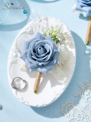 Serwalin 6 Pcs Blue Boutonniere for Men, Groom Groomsmen Best Man Guest Boutonnieres，Artificial Flowers Silk Rose for Wedding Prom Ceremony Anniversary Party Homecoming - color: Blue, size: Boutonniere 6pcs
