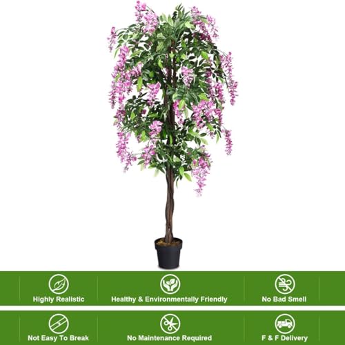 Goplus 6FT Ficus Artificial Tree, 2 Pack Fake Wisteria Tree in Nursery Pot, Greenery Faux Floor Plant, Tall Artificial Plants for Indoor Outdoor Bedroom Living Room Decor - color: Rosy, size: 6ft×2