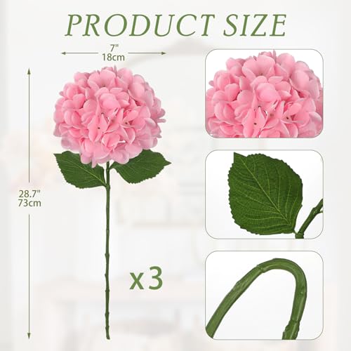 Hollyone 3Pcs Pink Hydrangea Artificial Flowers Real Touch Faux Silk Hydrangeas Flowers with Stem Fake Florals Flower for Home Wedding Table Centerpiece Vase Arrangements Decoration - color: Pink