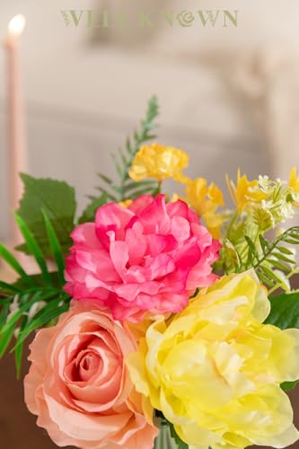 WELL KNOWN Artificial Flowers in Glass Vase, Spring Flowers Silk Rose Peony Bouquet for Home Dining Table, Office, Hotel, Wedding, Party, Lavatory Decor & Birthday Gift (Hot Pink, Coral & Yellow) - color: Hot Pink & Yellow