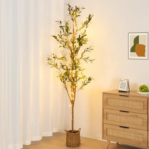 6ft Artificial Olive Tree with LED Fairy Lights, Tall Faux Potted Plant with Woven Basket - Natural Wooden Trunk & Lifelike Leaves & Fruits for Indoor Home Office Foyer Decor Housewarming Gift - size: 5ft 11in