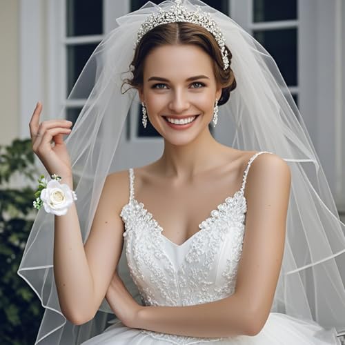 Ivory Rose Wrist Corsage Wristlet Band Bracelet for Women Set of 6 Wedding Bride Bridesmaid Wrist Corsage Artificial Flowers for Wedding Ceremony Anniversary Prom Flowers Formal Dinner Party(6, White)