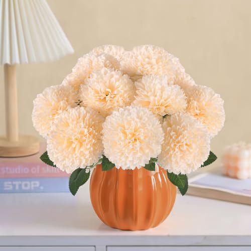 Hananona 12 Pcs Artificial Chrysanthemums Flowers Ball Flowers, Fake Mums Silk Plants for Home Decor Indoor Floral Arrangement Table Centerpiece (12, Champagne) - color: Champagne