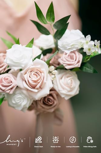 Ling's moment Dusty Rose Artificial Flowers and Greenery Combo Box Set,Can Make Into a 7" Bridesmaid Bouquet or Other Floral Arrangement - color: Dusty Rose & White