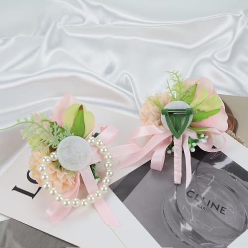 Pink Corsage and Boutonniere Set Rose Silk Wrist Corsage for Prom Wedding Brides Pocket Boutonniere for Men Prom Party Decor 2PC - color: Pink Corsage - Single Chain