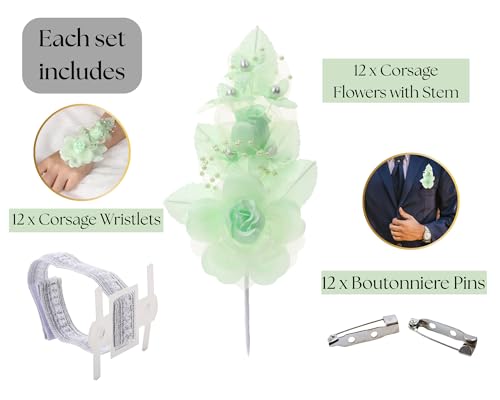 Set of 12 Artificial Silk Organza Craft Rose Flower, 12 Corsage Wristlet, 12 Pin Back DIY Boutonnieres for Wedding, Bridesmaids, Groomsmen, Quinceanera, Prom, Sweet 16 (Mint Green) - color: Mint Green
