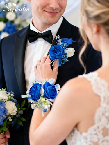 Serwalin Blue Prom Corsage and Boutonniere Set, Artificial Calla Lily & Rose Wrist Corsage Wristlet for Wedding, Homecoming, Formal Dance, Party Flowers Accessories Suit Decorations - color: Royal Blue