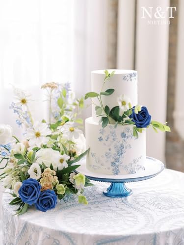 N&T NIETING Artificial Flowers Navy Blue Roses 50Pcs Fake Flowers Foam Roses with Stems for DIY Wedding Bridesmaid Bridal Bouquets Centerpieces Party Home Decoration Baby Shower - color: Navyblue, size: 50pcs
