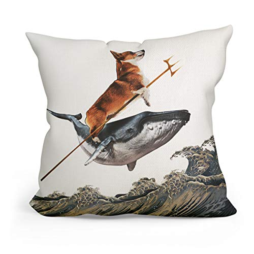 Fokongna Funny Throw Pillow Covers, Whale Corgi Pillowcase Decor, Aquadog The Corgi Rides a Whale Dog Throw White Pillowcase for Bed Sofa Living Room, Indoor and Outdoor use 18 x 18 inches - color: Dog Throw