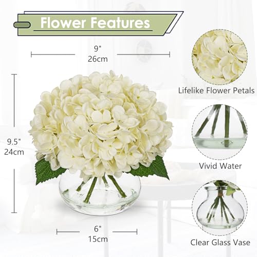 Hollyone Ivory White Hydrangea Artificial Flowers with Glass Vase Green Silk Faux Flowers Arrangements in Vase with Faux Water Fake Floral Bulk Bouquet for Home Decor Table Centerpiece Decorations - color: Hydrangea, Ivory