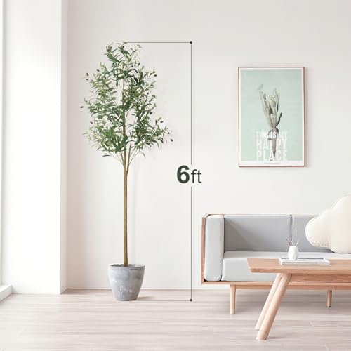 WILDLOVE Fake Olive Tree Artificial Indoor, Potted Faux Olive Trees with Natural Wood Trunk & Lifelike Fruits for Home Office Decor (6ft) - size: 6ft