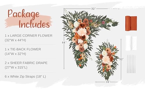 Wedding Arch Flowers with Drapes Kit (Pack of 4) - 2pcs Artificial Terracotta Deluxe Swag with 2pcs Sheer Drapes for Wedding Ceremony Arbor Reception Backdrop Rose Floral Decoration - color: Terracotta