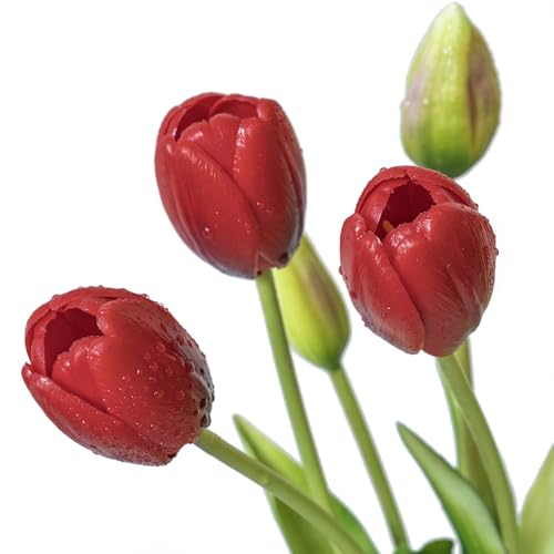 DUYONE 15Pcs Artificial Tulips Flowers, Soft Touch Realistic Latex Tulips Bouquet for Home Office Wedding Party Garden Decor, Fake Flowers for Centerpieces Dining Table Living Room Spring-B Red - color: B Style-15pcs Red (No Vase)