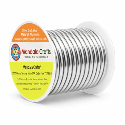 Mandala Crafts 8 Gauge Anodized Aluminum Craft Wire for Jewelry Making - 32 FT Colored Flexible Silver Tone Wire - Bendable for Bonsai Armature Crafting Sculpting - color: Silver, size: 8 Gauge