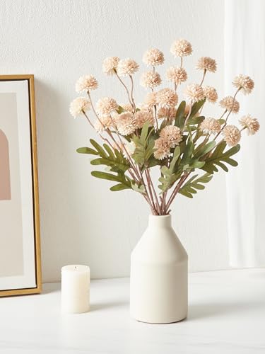 InnoGear Silk Flowers Pompon Mums Artificial Flowers, 5pcs 25 Heads Fake Mini Chrysanthemums with Long Stems Bulk Faux Kiku Flower for Decoration Memorial DIY Wedding Bouquets Centerpieces, Beige
