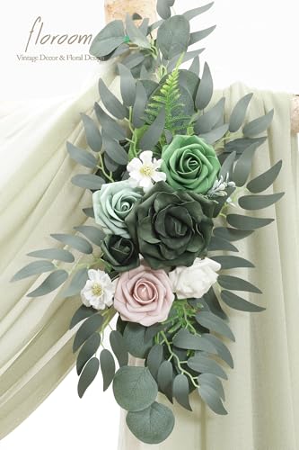 Floroom Arch Flowers with Drapes Kit (Pack of 4) - 2pcs Artificial Emerald & Sage Green Floral Swag Arrangement with 2pcs Draping Fabric for Wedding Ceremony Arbor and Reception Backdrop Decoration - color: Emerald & Sage Green