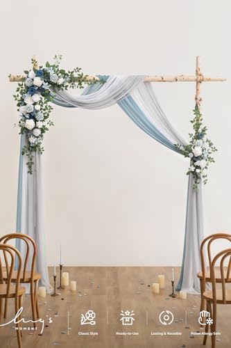 Ling's moment Artificial Wedding Arch Flowers with Drapes Kit-Pack of 5, 2pcs Flower Arrangements 3pcs Hanging Sheer Drapes Sage Ceremony Arbor Backdrop Rose Floral Decorations, Dusty Blue - color: Blu-dusty Blue