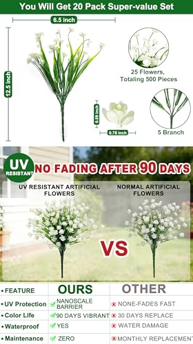 TURNMEON 20 Bundles Artificial Flowers for Outdoors,Summer Spring Grass Camellia Fake Flowers Plastic Plants,UV Resistant No Fade Faux Greenery for Gardens Porch Planter Cemetery Decor 500 Head(White) - color: White, size: 20 Bundles
