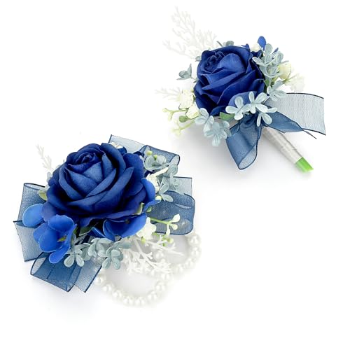 Corsage Wristlet and Boutonniere Set Blue Wrist Corsage Double Pearl Bracelets Blue Pocket Boutonniere for Men Wedding Prom Party Suit Decor (2 Pack) - color: Blue Corsage - Double-cain