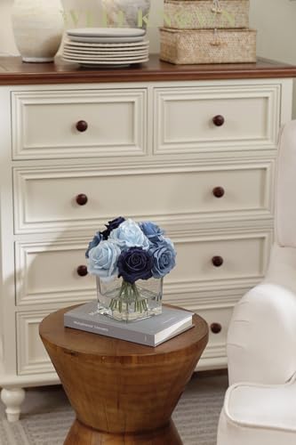 WELL KNOWN Rose Artificial Flowers in Vase with Faux Water, Silk Rose Table Centerpieces for Home Coffee Table Decor, Fake Roses Flower Arrangements for Office Hotel Lavatory Decor (Blue) - color: Blue