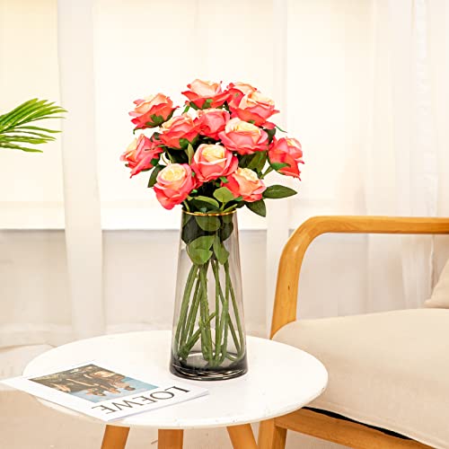 Hawesome 12PCS Artificial Silk Flowers Realistic Roses Bouquet Long Stem for Home Wedding Decoration Party (Gradient Dark Pink, 12Pcs Flowers) - color: Gradient Dark Pink, size: 12Pcs Flowers