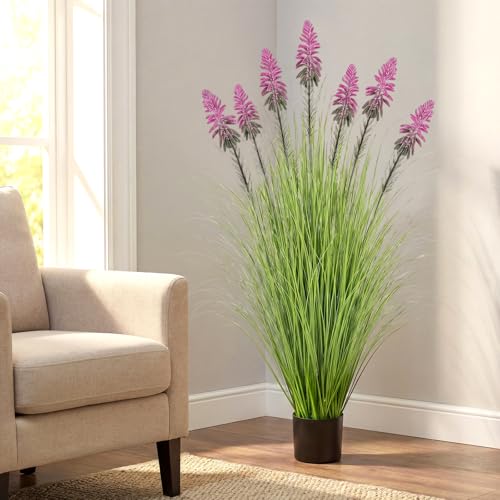 Jexine 2 Pieces 4 ft Artificial Tall Grass Plants Outdoor with Purple Cockscomb Flower Tall Artificial Grass Green Onions Plant Potted for Housewarming Gift House Garden Lobby Outdoor - color: Purple Cockscomb Flower