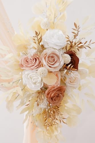 Deluxe Wedding Arch Flowers with Drapes Kit Pack of 4, 2pcs Champagne & White Eucalyptus Hanging Silk Flowers Arrangement 2pcs Chiffon Drapes for Ceremony Arbor Party Outdoor Decor - color: Champagne & White Eucalyptus