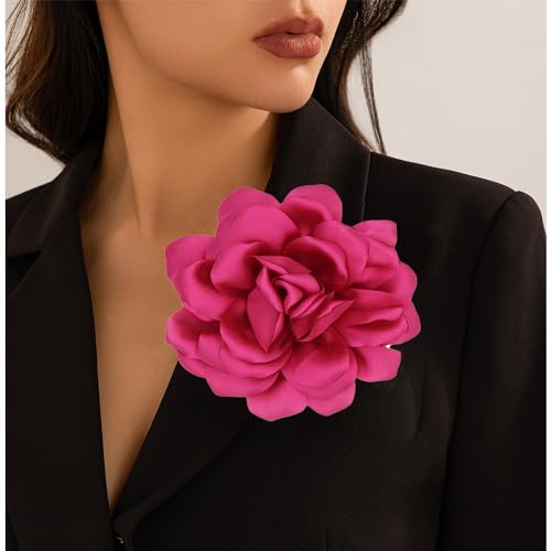 Large Flower Brooches Lapel Pins for Women Satin Fabric Brooches Big Camellia Flower Brooch Pins Wedding Part Dance Clothes Accessories Jewelry Gifts - color: rose red
