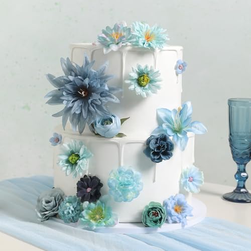 Artificial Flowers Heads Combo Blue Flowers Mix Silk Flowers Heads Bulk Faux Rose for Craft Garland Graduation Cap Wedding Bridal Baby Shower Home Party Decoration DIY Cake Decor - color: Blue