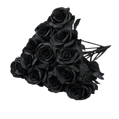 12pcs Rose Artificial Flowers, Fake Rose Silk Flower Bouquet, Faux Roses with Stems - 50cm, Roses Decor for Wedding & Home Decoration (Deep Black) - color: Deep Black