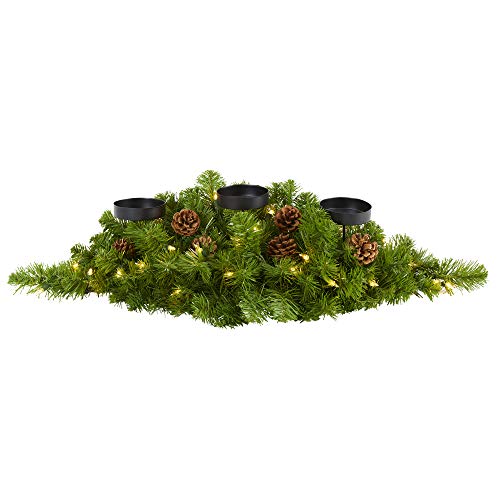 Nearly Natural 30in. Christmas Artificial Pine Triple Candelabrum with 35 Clear Lights and Pine Cones - size: 8in. W x 8in. D x 30in. H