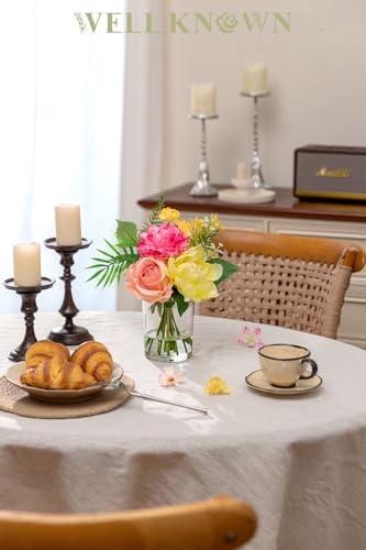 WELL KNOWN Artificial Flowers in Glass Vase, Spring Flowers Silk Rose Peony Bouquet for Home Dining Table, Office, Hotel, Wedding, Party, Lavatory Decor & Birthday Gift (Hot Pink, Coral & Yellow) - color: Hot Pink & Yellow