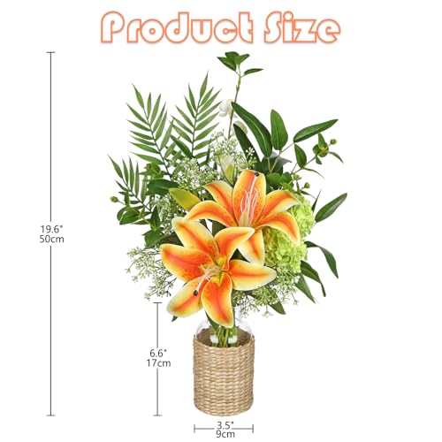 Hollyone Fake Flowers with Vase, Orange Silk Tiger Lily Artificial Flowers in Vase, Faux Plants and Flowers Arrangement Bouquets with Vases for Table Centerpieces Office Bathroom Home Decor - color: Orange