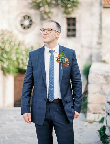 Marriwise 6pcs Rose Boutonniere for Men, Artificial Flowers Burnt Orange & Blue Wedding Groom Groomsmen Boutonniere for Wedding/Anniversary/Prom/Rustic Wedding/Homecoming (Burnt Orange & Blue) - color: Burnt Orange & Blue